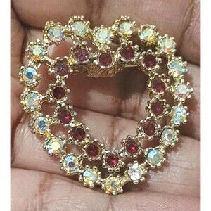 Heart Deep Red Colorless AB Rhinestone Gold Tone Vintage Brooch